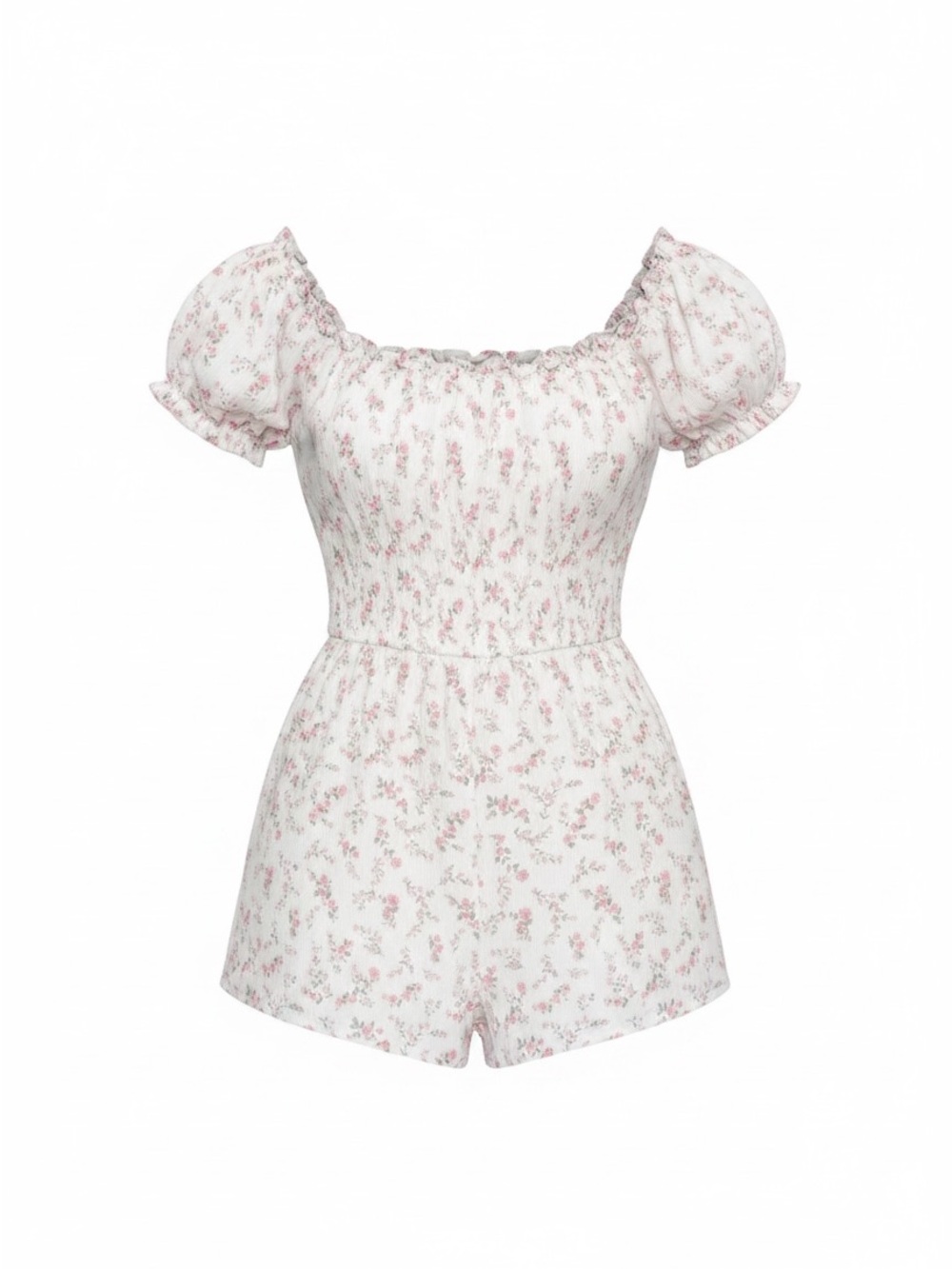 Hollister Mini White Floral Puff Sleeve Skort Romper with Pink Bouquet Print S
